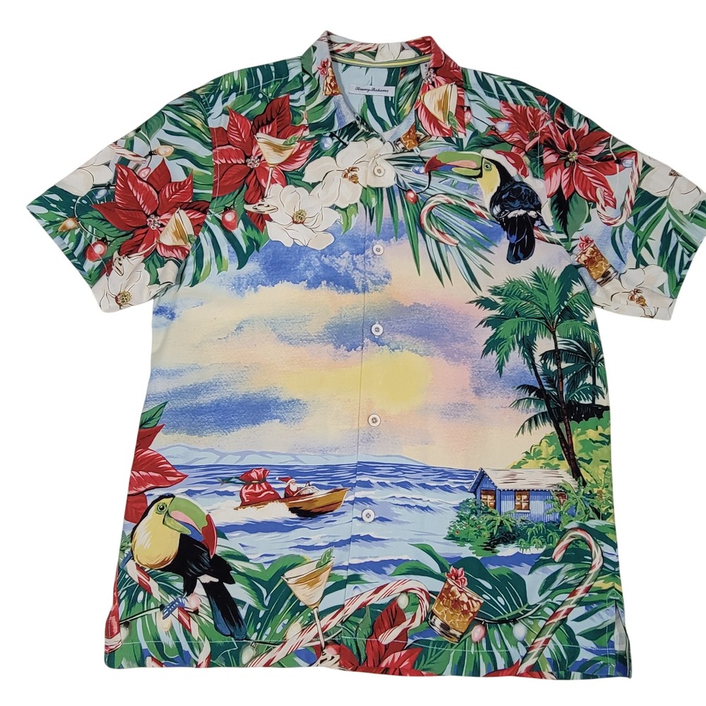 Tommy Bahama Santa Cruiser Shirt Men Medium Christmas Tropical Cocktails Holiday